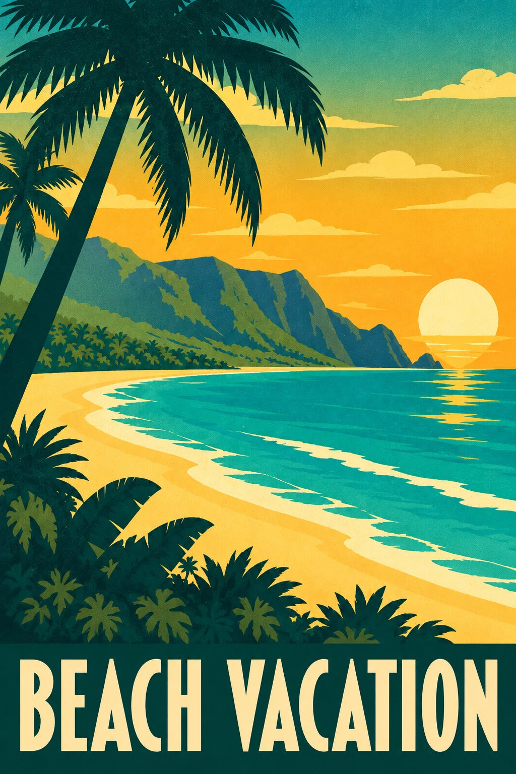 Beach Vacation Vintage Travel Poster, Retro Tropical Wall Art