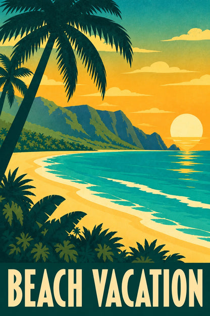 Beach Vacation Vintage Travel Poster, Retro Tropical Wall Art