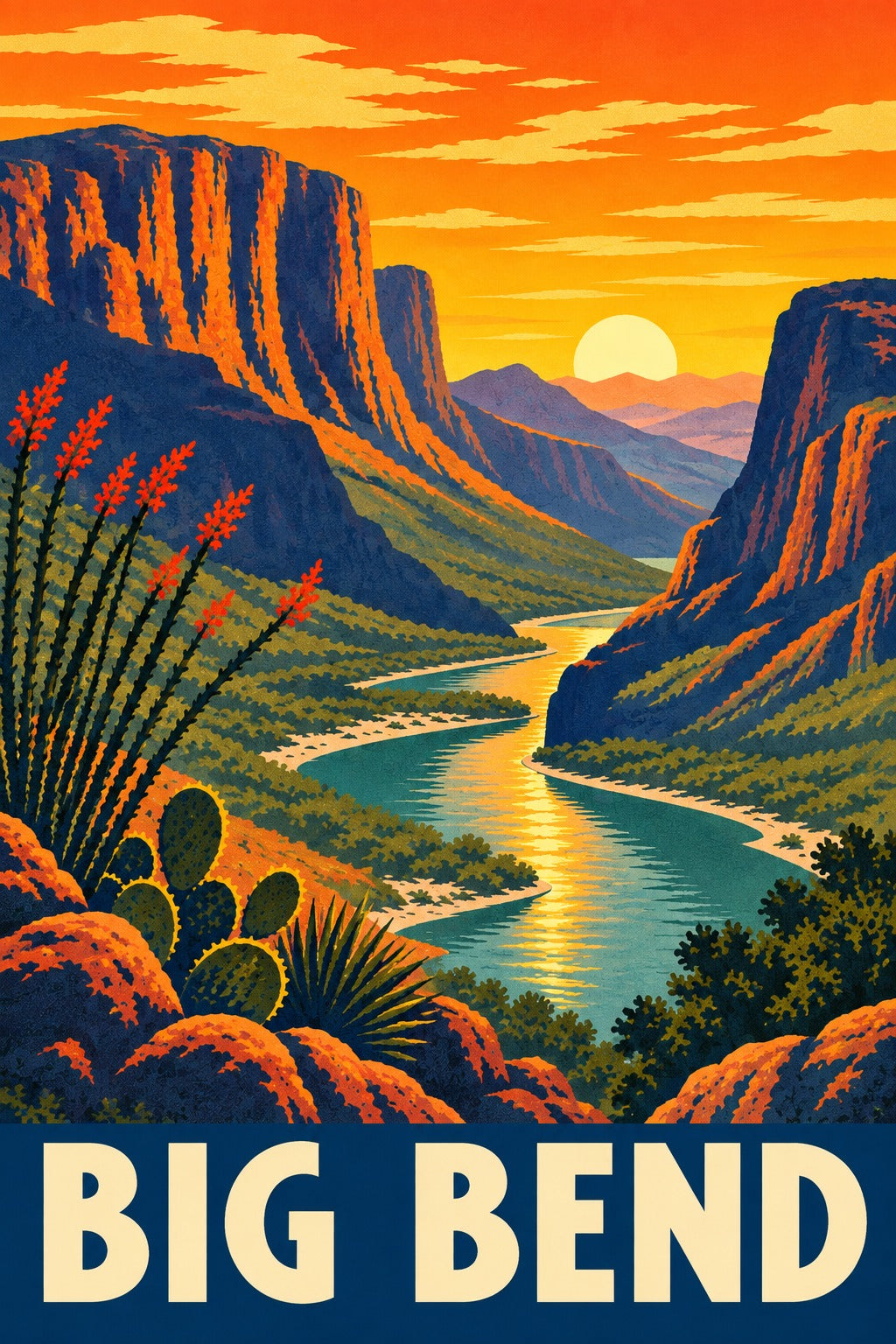 Big Bend National Park Retro Travel Poster, Canyon River Wall Art