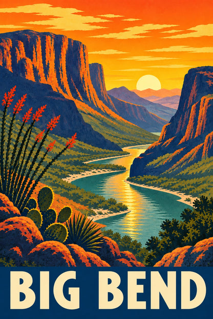 Big Bend National Park Retro Travel Poster, Canyon River Wall Art