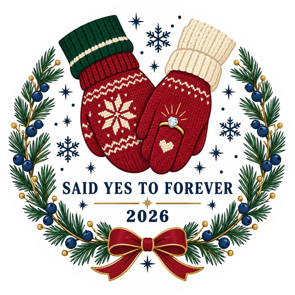 Mittens and Diamond Engagement Ceramic Christmas Ornament