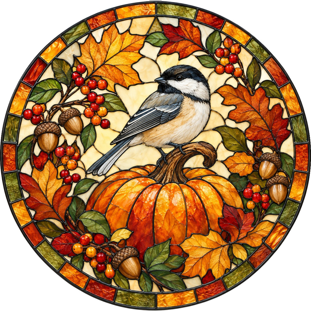 Autumn Chickadee Harvest Pumpkin Glass Suncatcher Window Hanging
