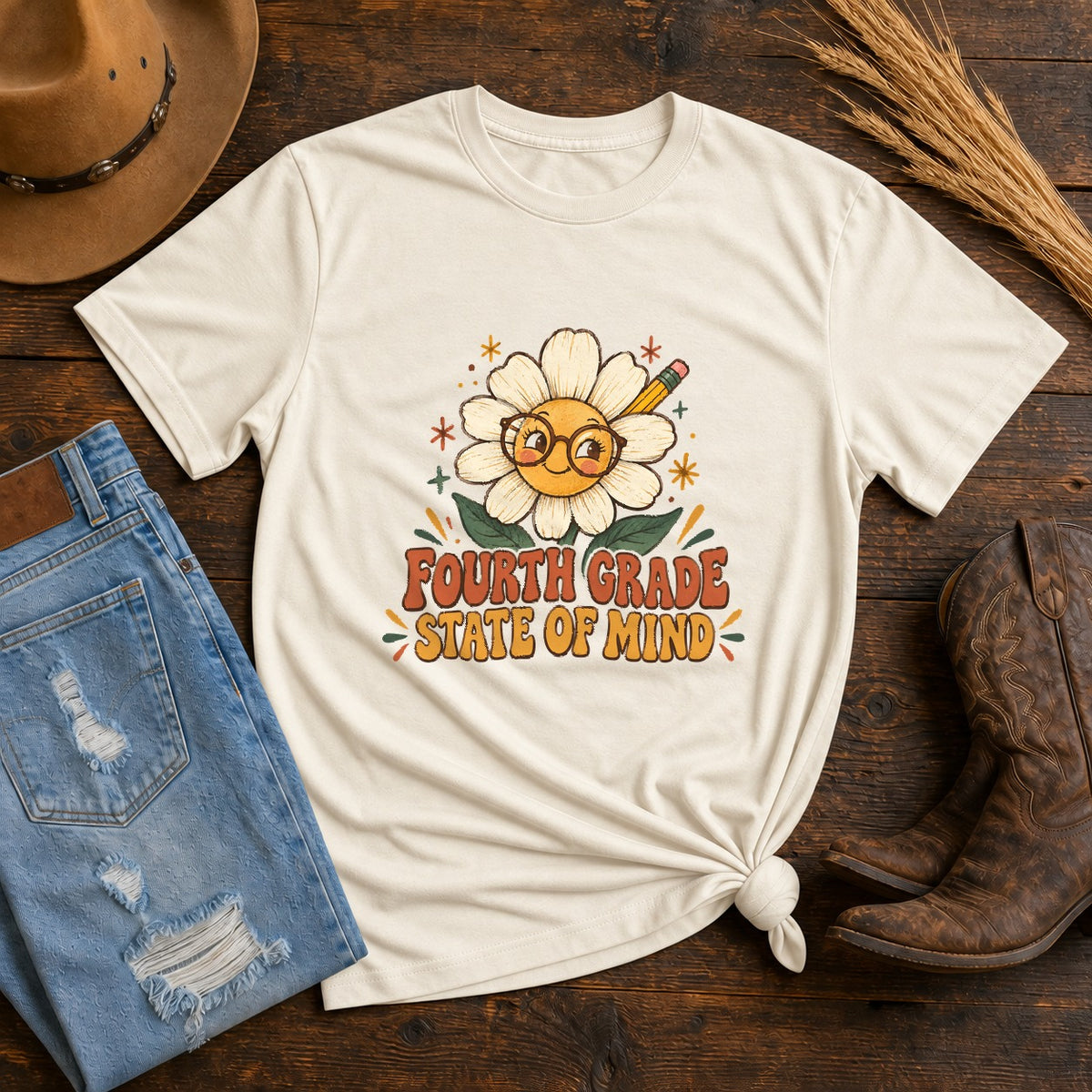 Fourth Grade Teacher Comfort Colors T-Shirt, Groovy Daisy Graphic