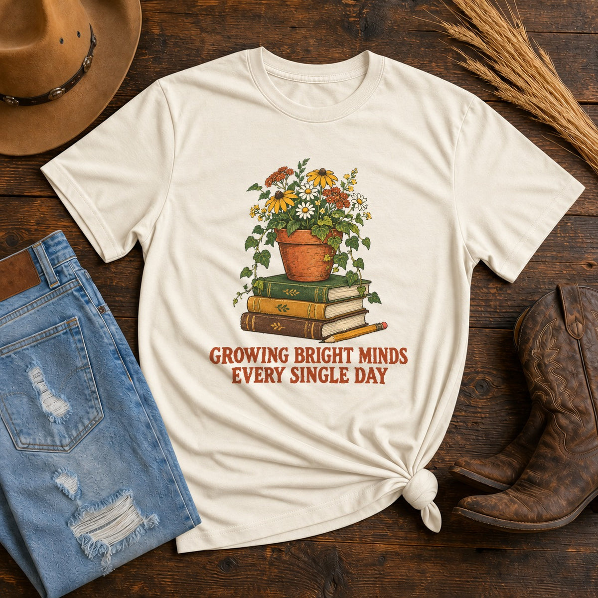 Growing Bright Minds Teacher Comfort Colors T-Shirt, Ivory Cotton Tee