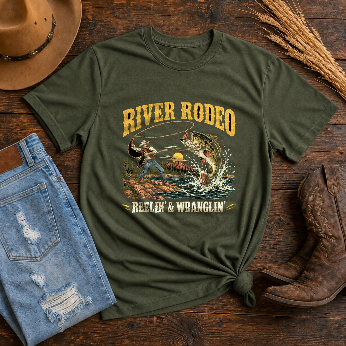 River Rodeo Bass Comfort Colors T-Shirt, Western Fishing Graphic Tee