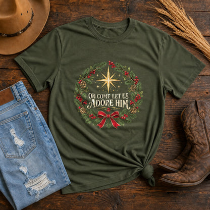 Comfort Colors Adore Him Botanical Wreath Christmas T-Shirt, Moss