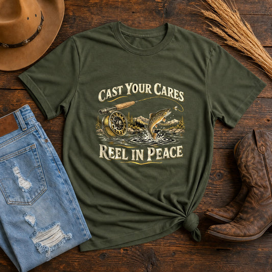 Comfort Colors Cast Your Cares Fly Fishing T-Shirt, Moss Graphic Tee