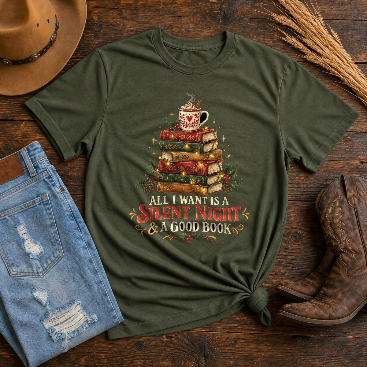 Comfort Colors Book Lover Christmas Graphic T-Shirt, Moss