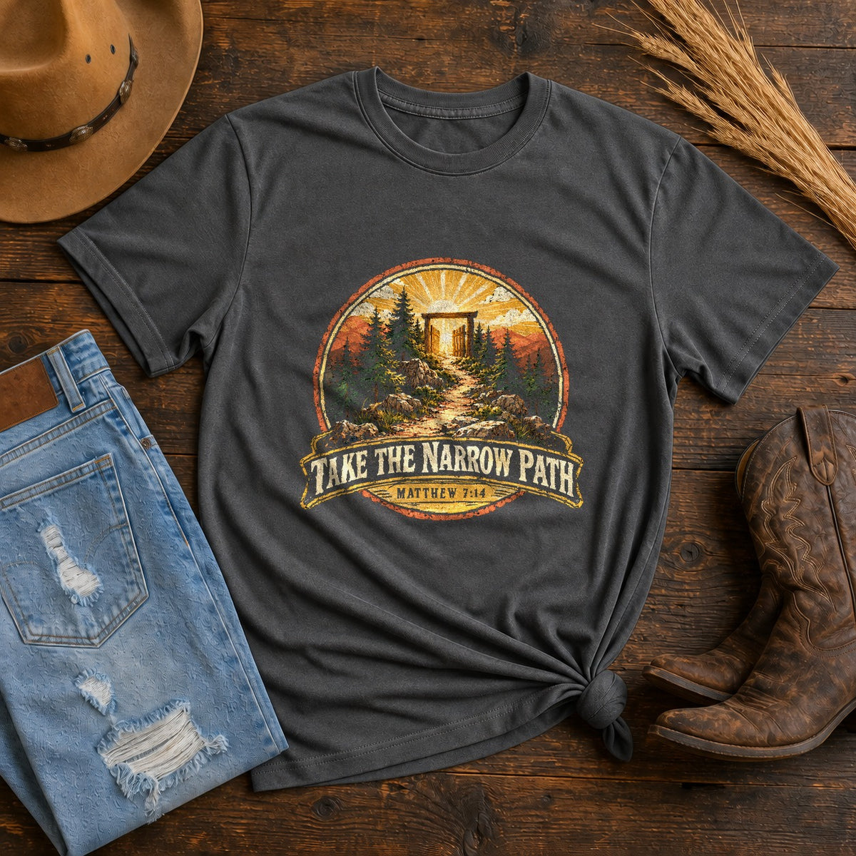 Narrow Path Trail Badge Comfort Colors T-Shirt, Christian Graphic Tee