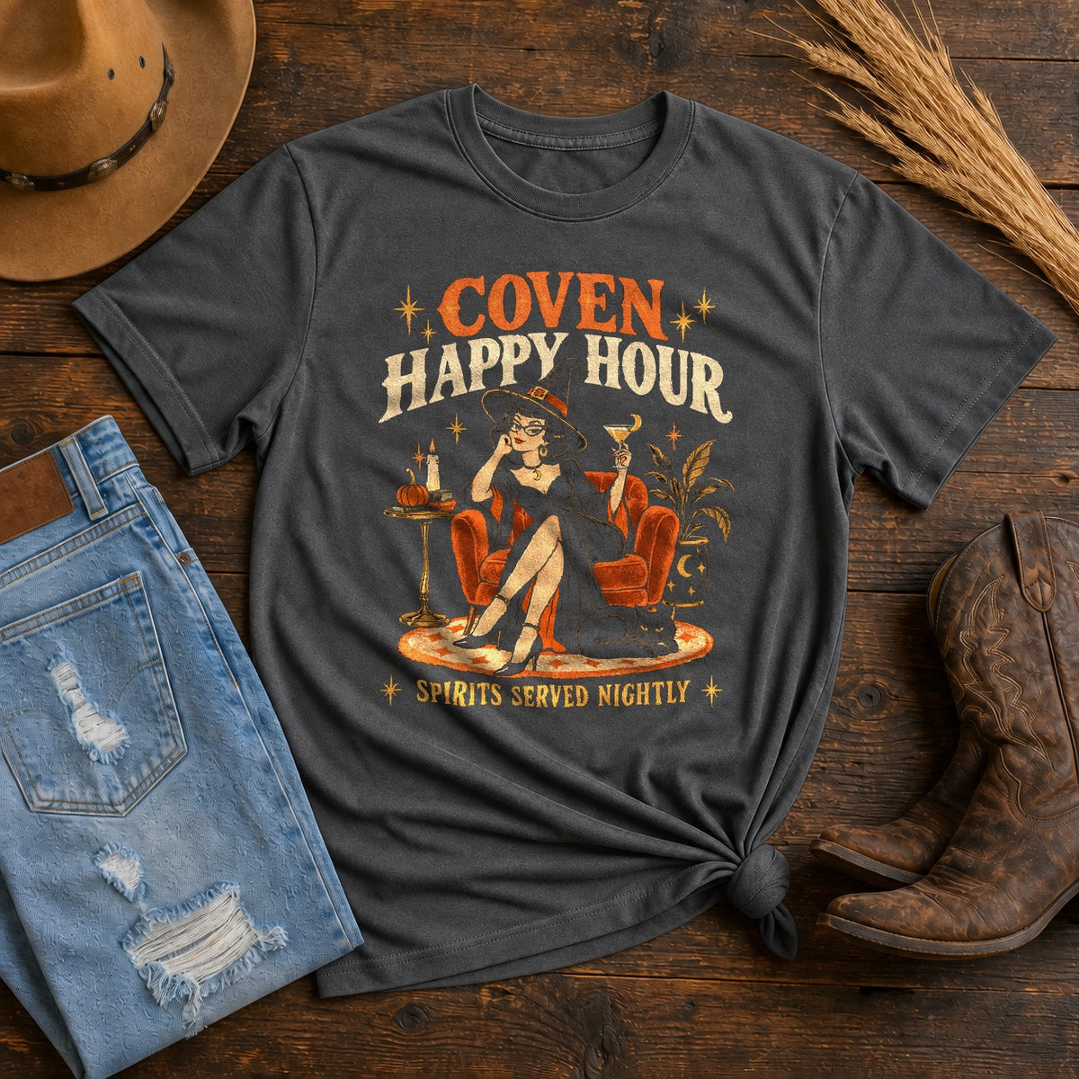 Comfort Colors T-Shirt, Coven Happy Hour Retro Witch Graphic