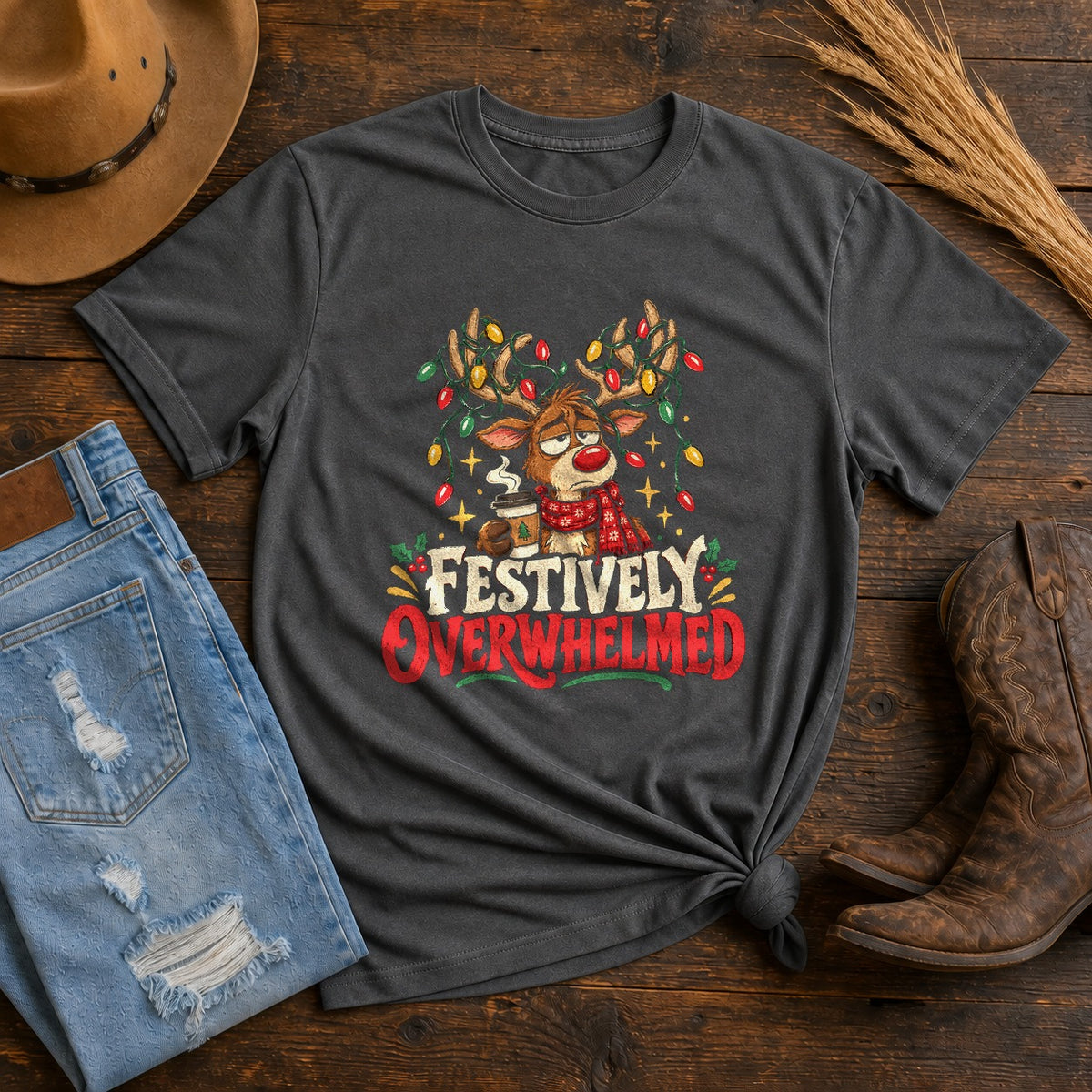 Festively Overwhelmed Reindeer Comfort Colors T-Shirt, Pepper Graphic Tee