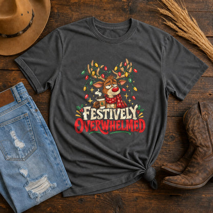Festively Overwhelmed Reindeer Comfort Colors T-Shirt, Pepper Graphic Tee
