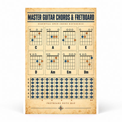 Guitar Chords and Fretboard Chart Poster, Music Reference Art