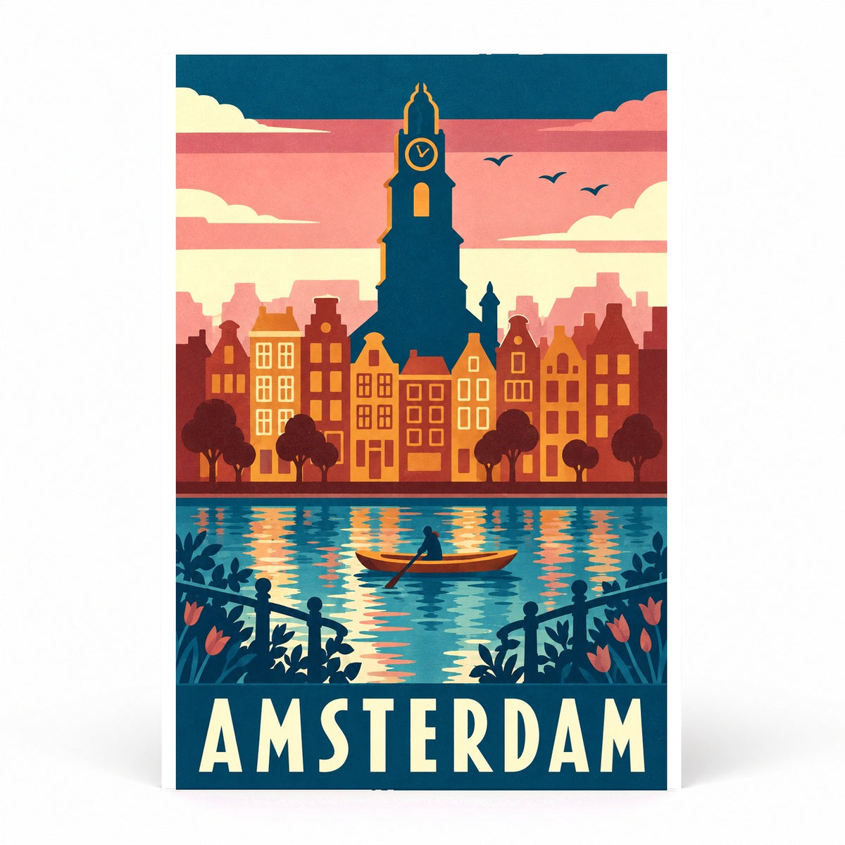 Amsterdam Travel Poster, Retro Netherlands Canal City Skyline Wall Art