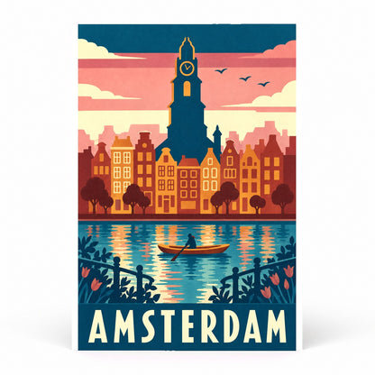 Amsterdam Travel Poster, Retro Netherlands Canal City Skyline Wall Art