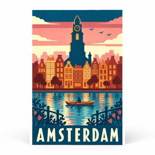 Amsterdam Travel Poster, Retro Netherlands Canal City Skyline Wall Art