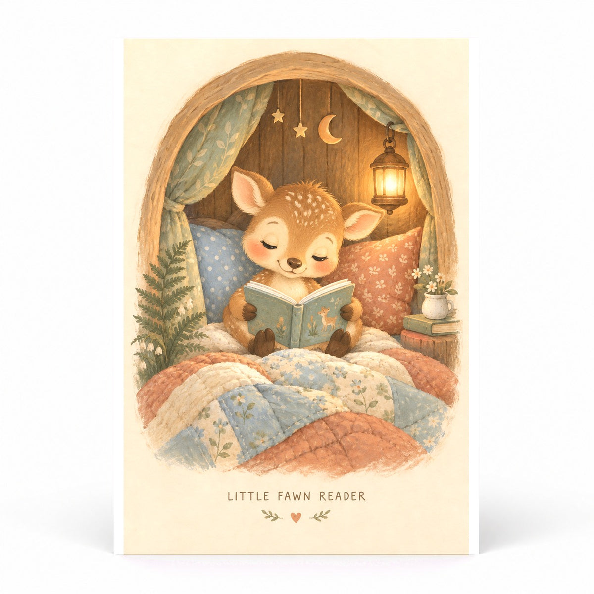 Little Fawn Reader Nursery Wall Poster, Bedtime Story Art Print