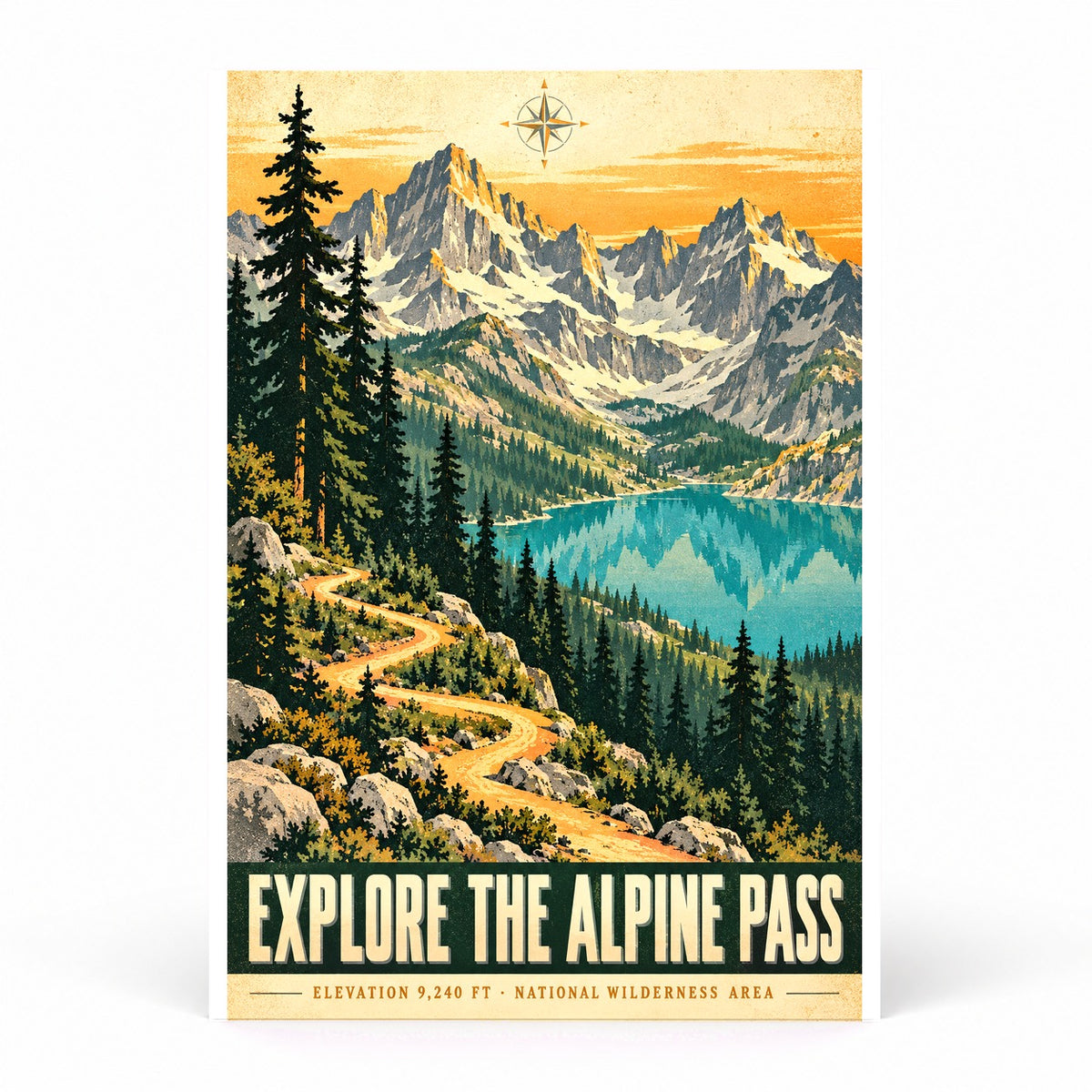 Alpine Pass Vintage Travel Poster, Mountain Landscape Art
