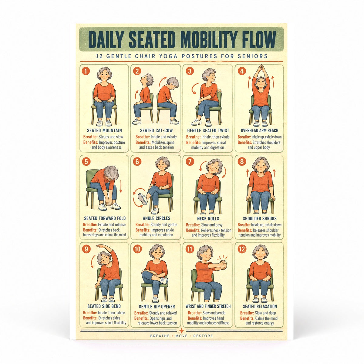 Chair Yoga for Seniors Poster, Daily Seated Mobility Flow Art