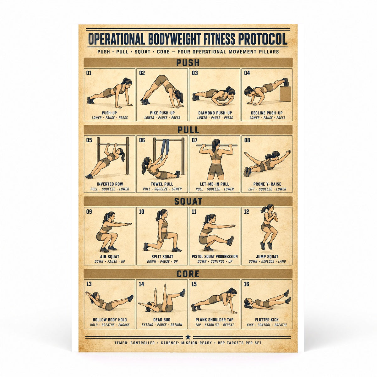 Female Tactical Bodyweight Fitness Protocol Chart Poster