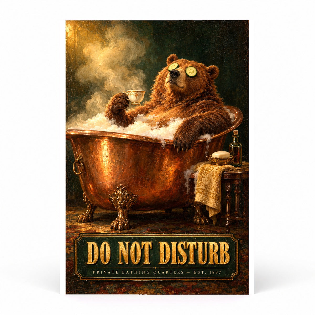 Funny Victorian Bear Bathtub Art Poster, Moody Bathroom Wall Decor