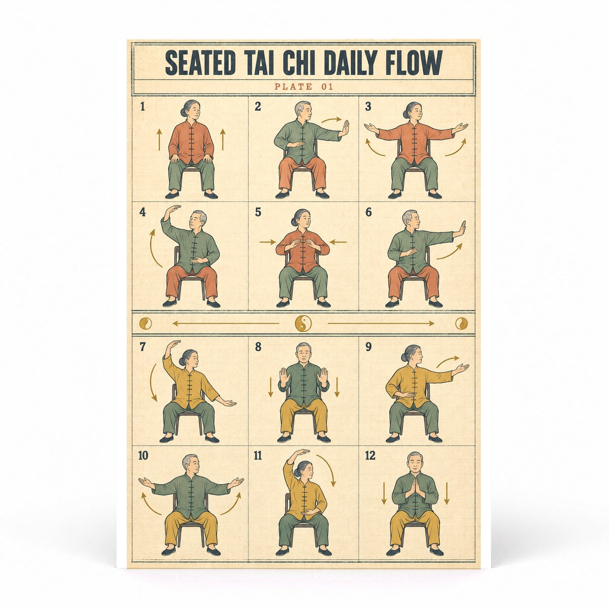 Seated Tai Chi Daily Flow Art Poster, Senior Mobility Guide