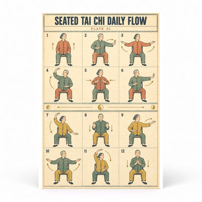 Seated Tai Chi Daily Flow Art Poster, Senior Mobility Guide