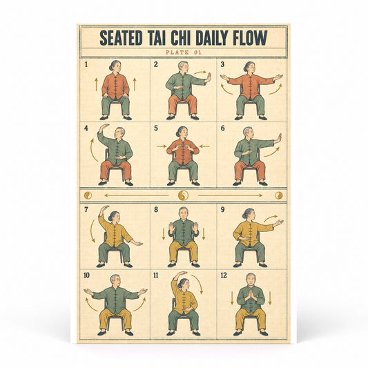 Seated Tai Chi Daily Flow Art Poster, Senior Mobility Guide