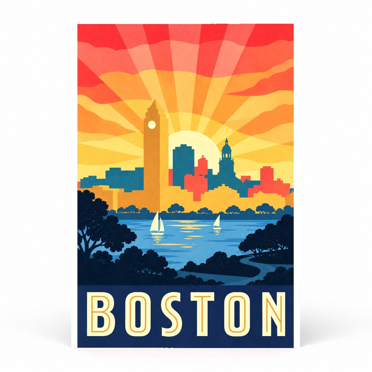 Boston Vintage Travel Poster, Retro Skyline Art Print