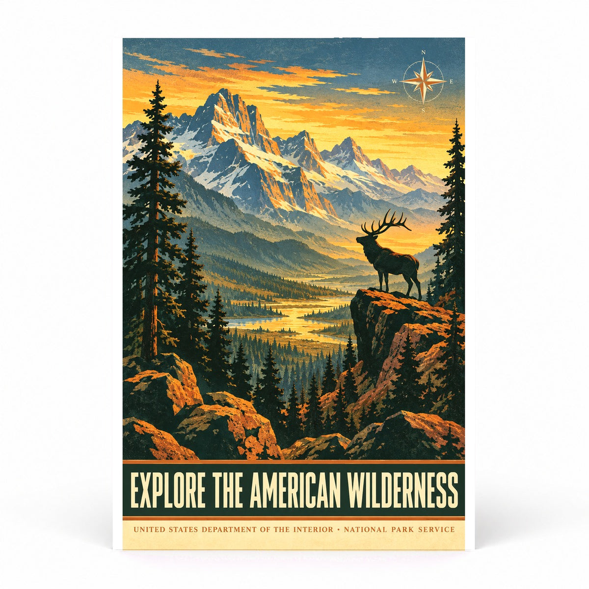 American Wilderness Vintage Travel Art Poster, National Park Elk Landscape