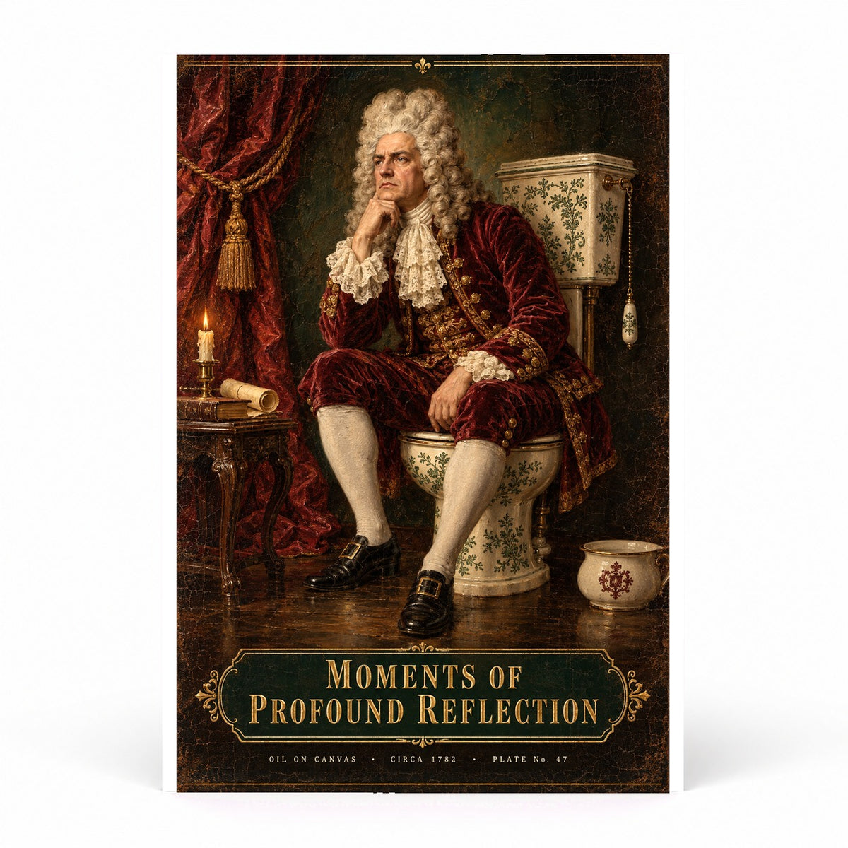Pensive Monarch Powder Room Poster, Funny Baroque Toilet Art