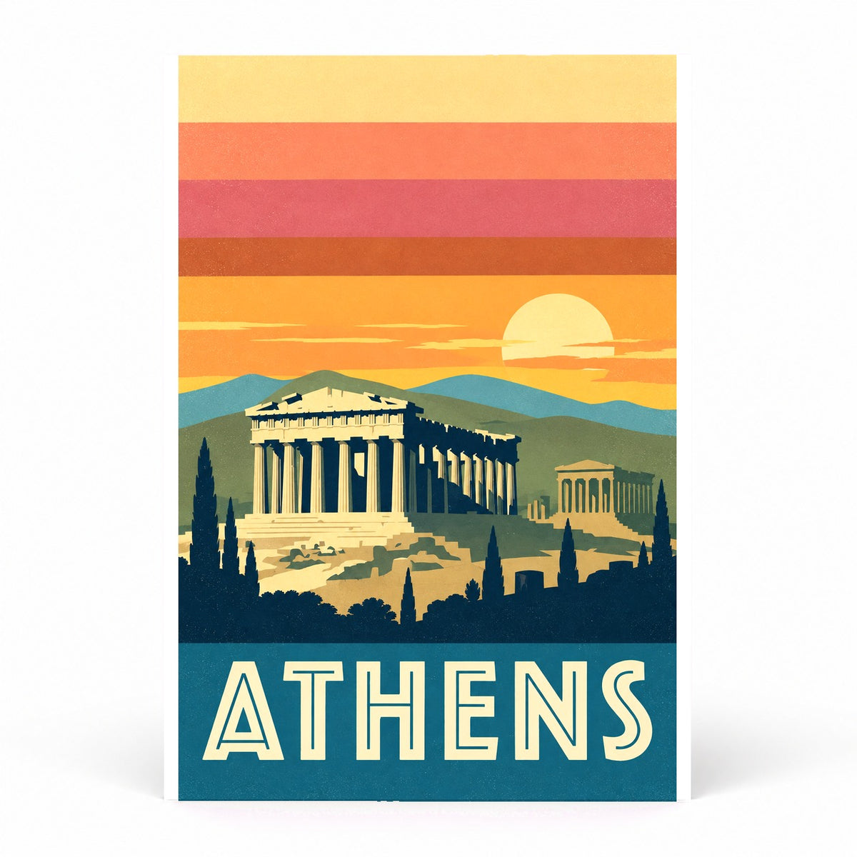 Athens Greece Vintage Travel Poster, Retro Acropolis Wall Art
