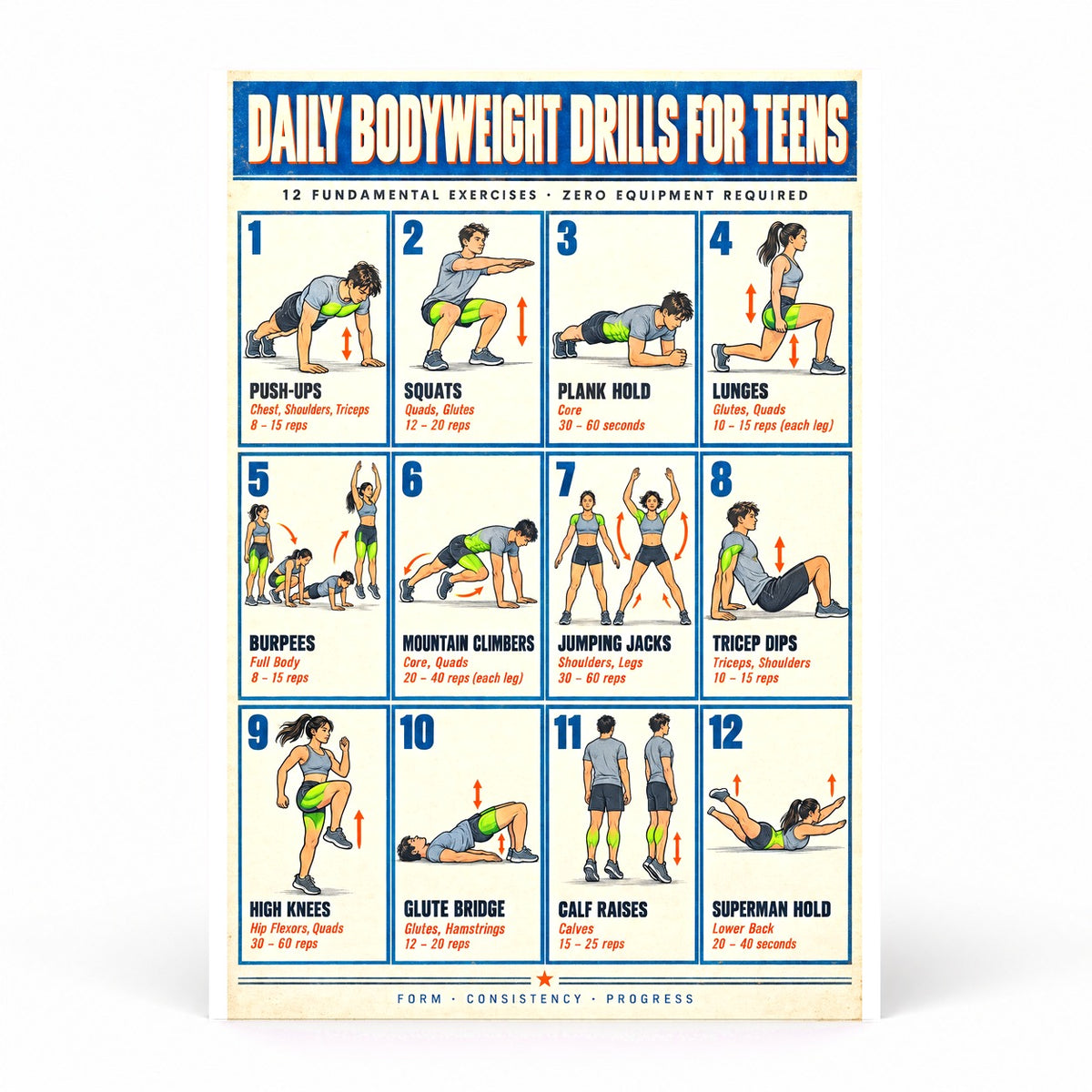 Youth Calisthenics Foundations Chart Poster, Teen Bodyweight Fitness
