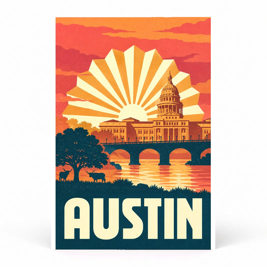 Austin Vintage Travel Poster, Retro Capitol Skyline Wall Decor