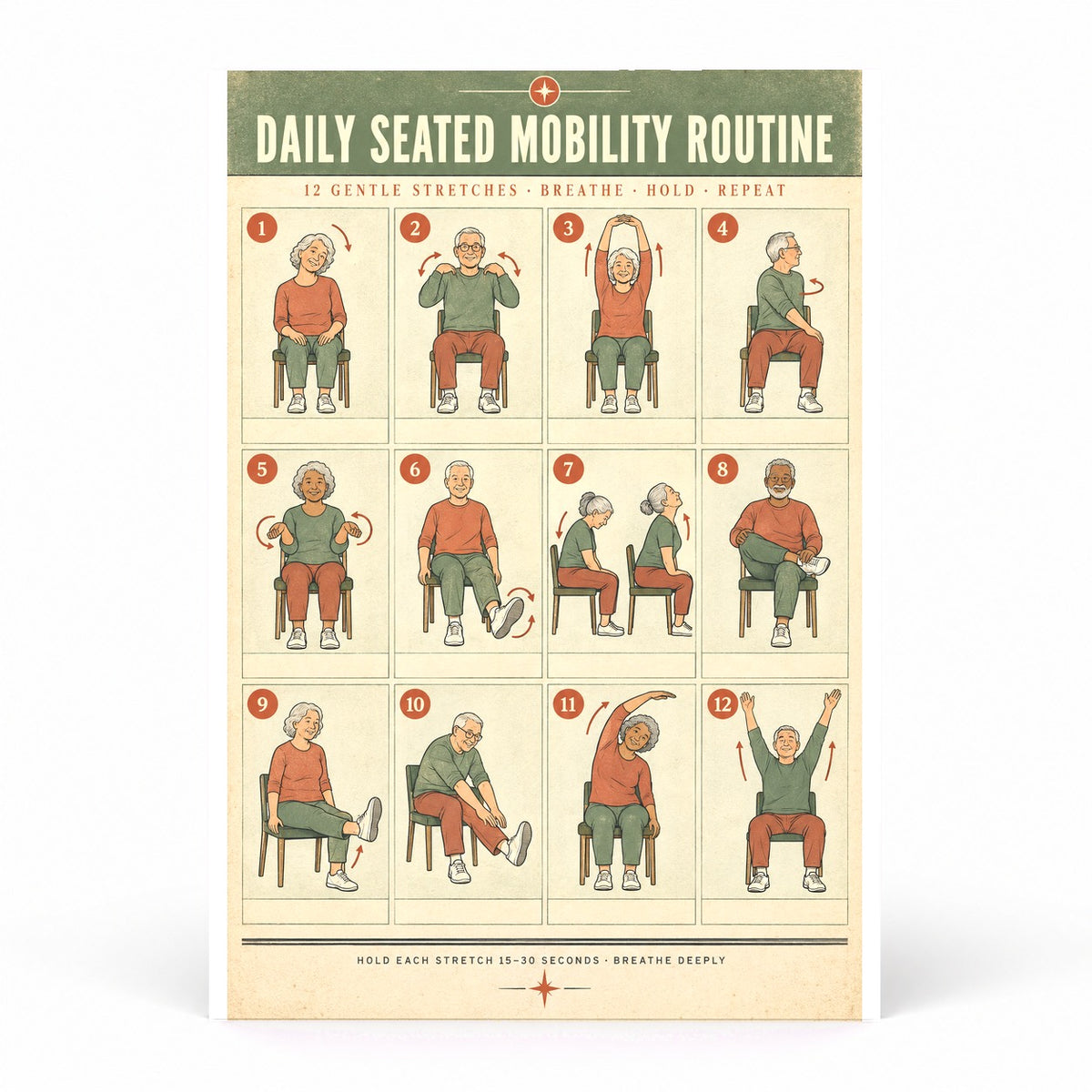 Daily Seated Mobility Routine Poster, Chair Exercise Art for Seniors