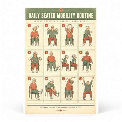 Daily Seated Mobility Routine Poster, Chair Exercise Art for Seniors
