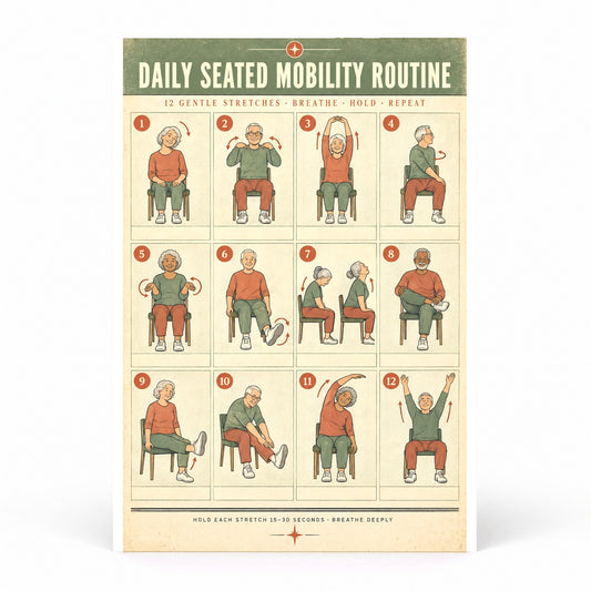 Daily Seated Mobility Routine Poster, Chair Exercise Art for Seniors