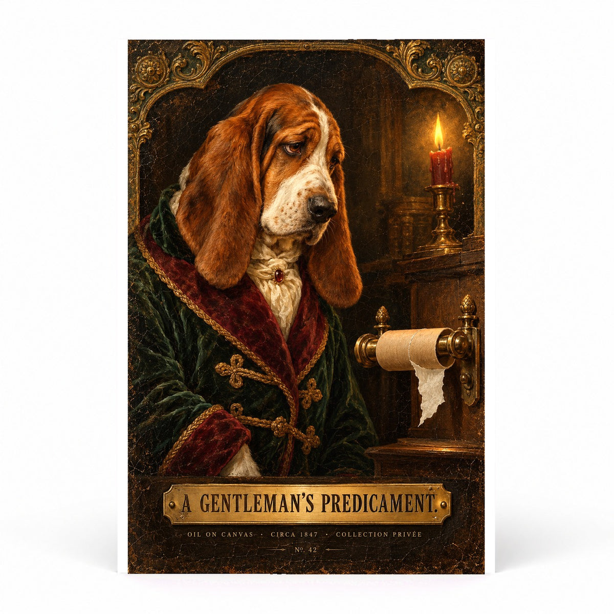 A Gentlemans Predicament Basset Hound Funny Bathroom Art Poster