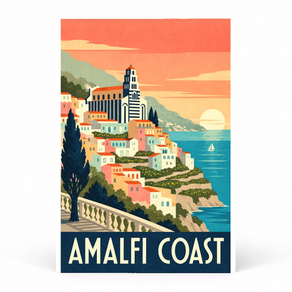 Amalfi Coast Vintage Travel Poster, Italy Coastal Wall Art