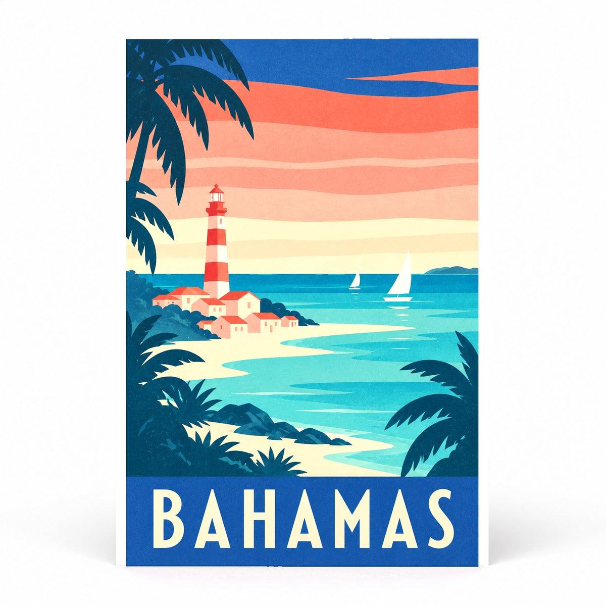 Bahamas Travel Poster, Retro Coastal Lighthouse Beach Art Print