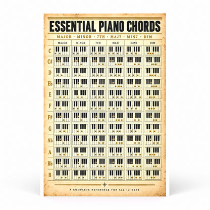 Essential Piano Chords Reference Chart Poster, Music Studio Wall Art