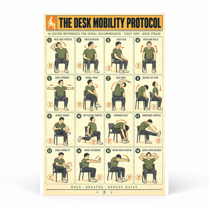 Desk Mobility Protocol Poster, Seated Stretching Routine Chart