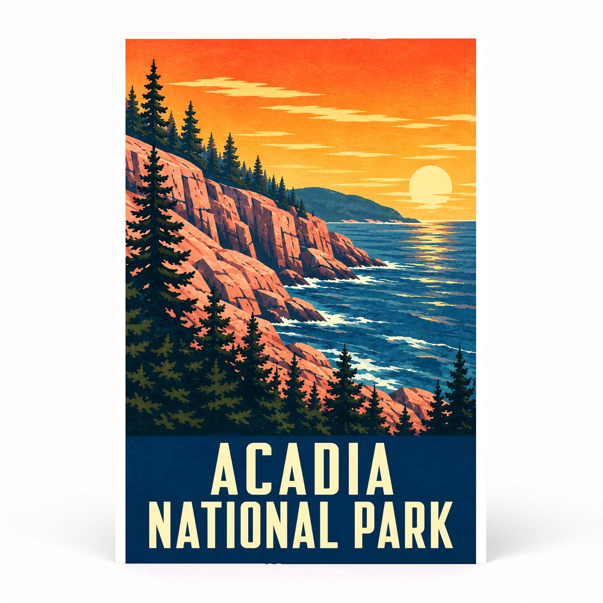 Acadia National Park Vintage Travel Art Poster, Maine Coastal Print