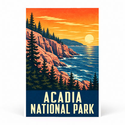 Acadia National Park Vintage Travel Art Poster, Maine Coastal Print
