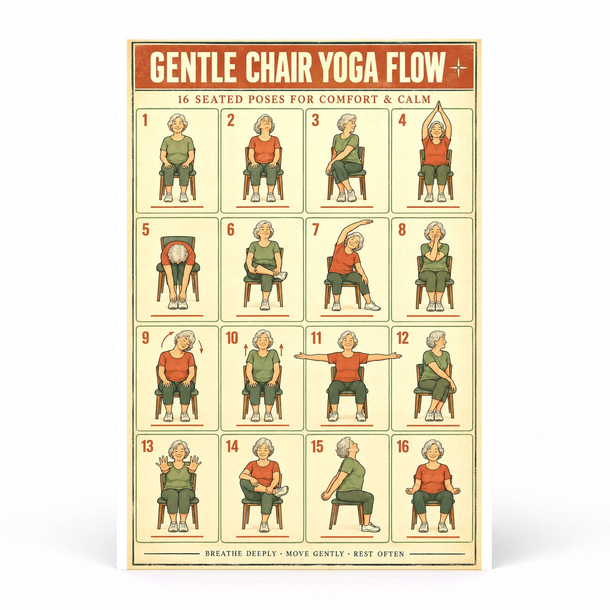 Gentle Chair Yoga Flow Poster, Seated Exercises Chart