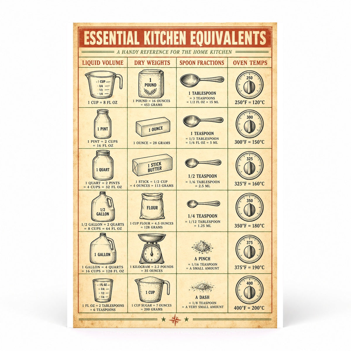 Kitchen Equivalents Chart Poster, Baking Conversion Art