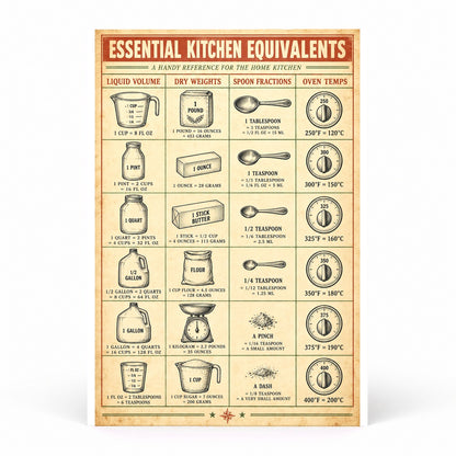 Kitchen Equivalents Chart Poster, Baking Conversion Art