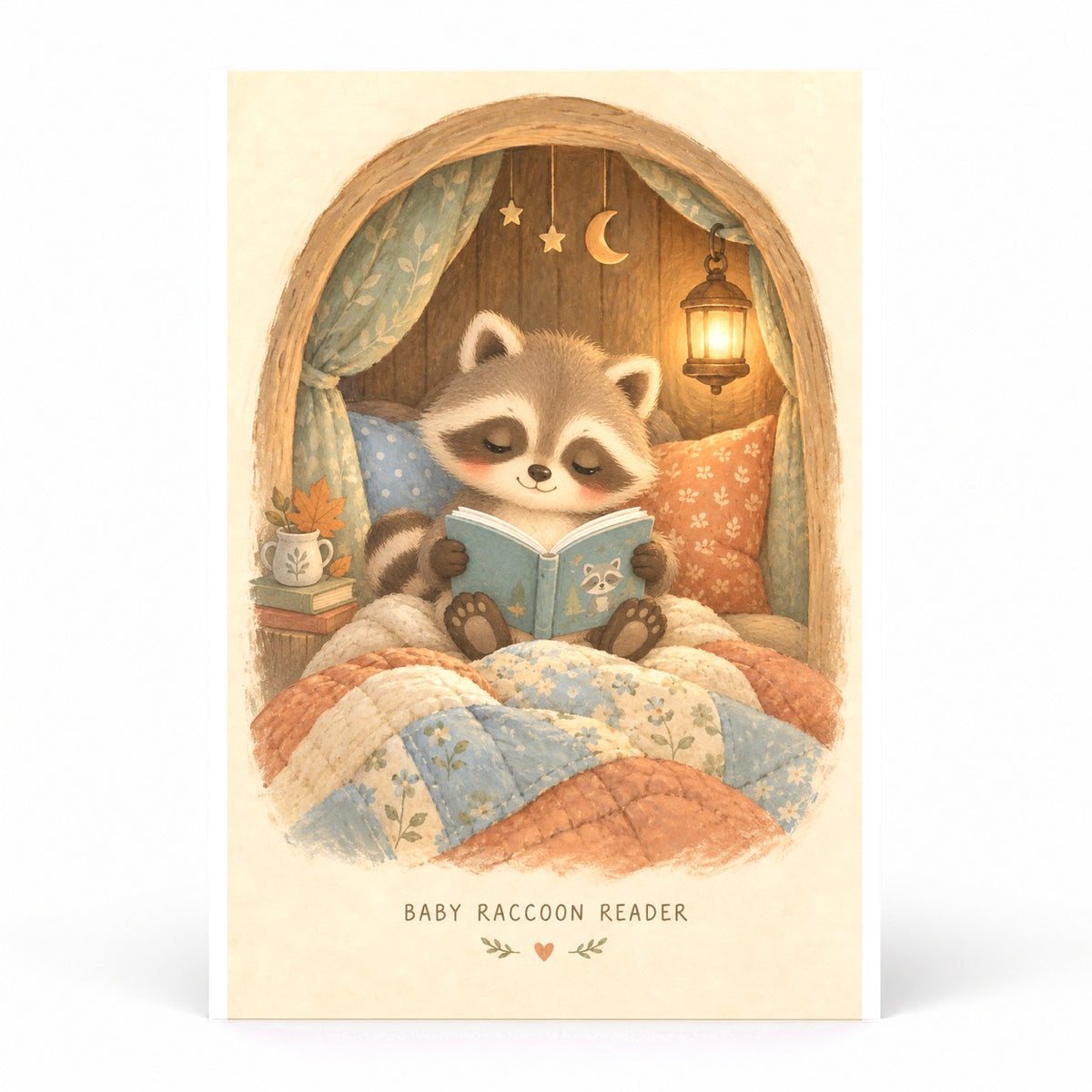 Baby Raccoon Reader Art Poster, Woodland Nursery Wall Decor