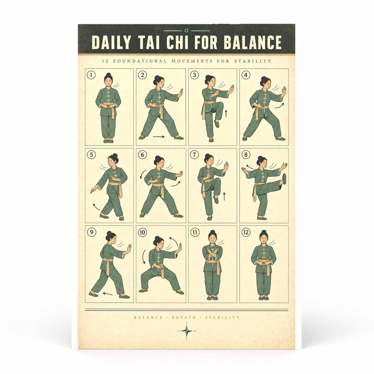 Daily Tai Chi for Balance Art Poster, Senior Exercise Chart