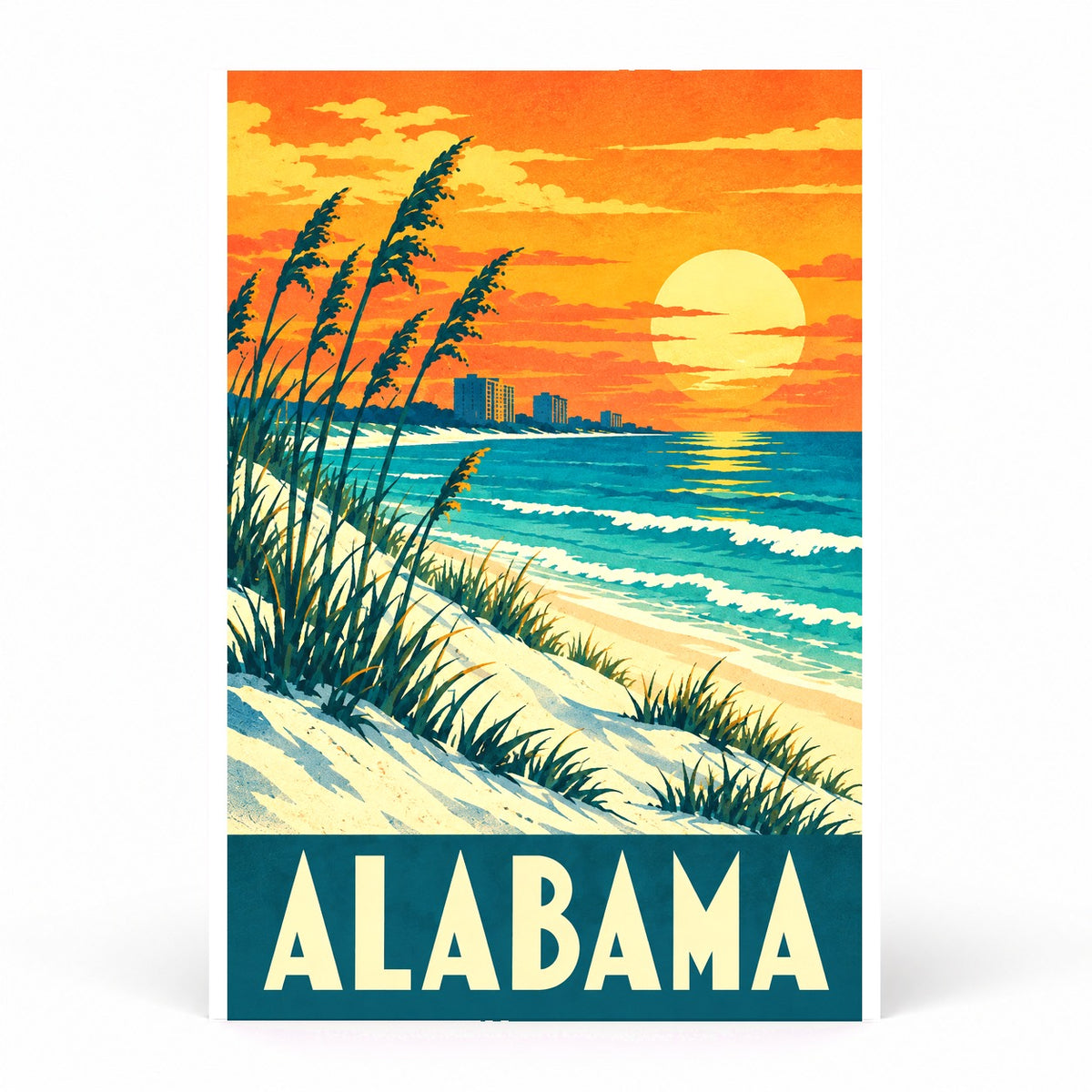 Alabama Vintage Beach Travel Poster, Retro Coastal Dunes Art Print